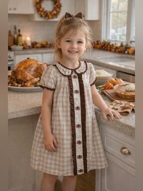M - MARIE NICOLE - Girls Beige Plaid Dress with Brown Trim Turkey embroidered